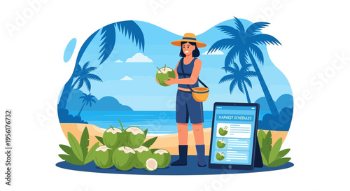 Woman farmer selling fresh coconuts on tropical beach.