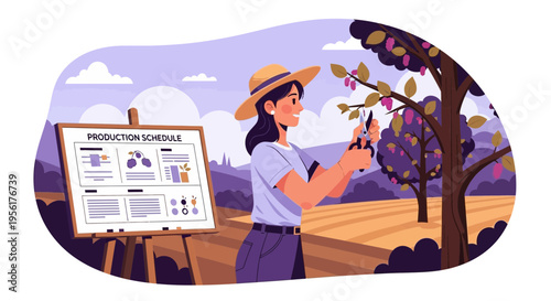 Woman farmer tending to fruit trees with production schedule.