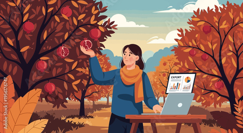 Woman Harvesting Apples While Working on Laptop in Orchard.