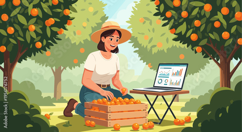 Woman farmer using laptop in orange orchard harvesting fruit.
