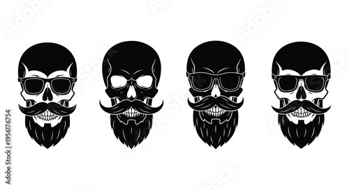 Three stylized skull illustrations featuring beards and sunglasses
