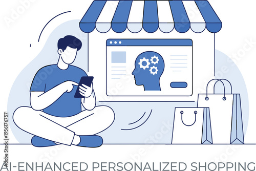 Modern AI enhanced personalized shopping concept with man using smartphone for online retail purchase and customized consumer experience.