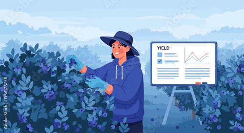 Woman Harvesting Blueberries with Data Analysis Display.