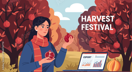 Woman holding pomegranate at harvest festival.