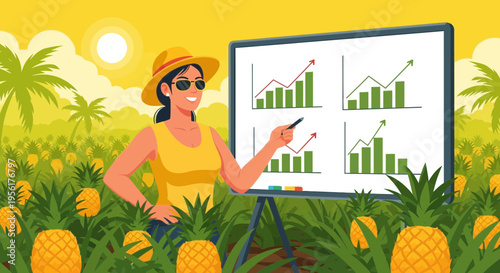 Woman presenting financial growth charts in pineapple farm.