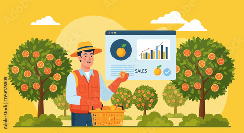 Farmer Analyzing Orange Orchard Sales Data on Digital Dashboard.