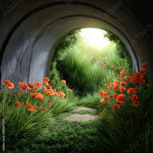 Vibrant floral tunnel with orange poppies and lush greenery