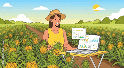 Farmer analyzing pineapple crop data on laptop in field.