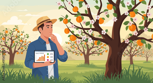 Farmer analyzing orchard data on tablet.