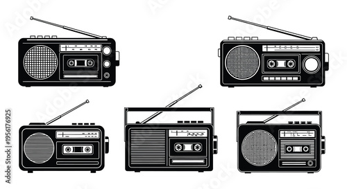 Collection of vintage transistor radios in black and white illustration