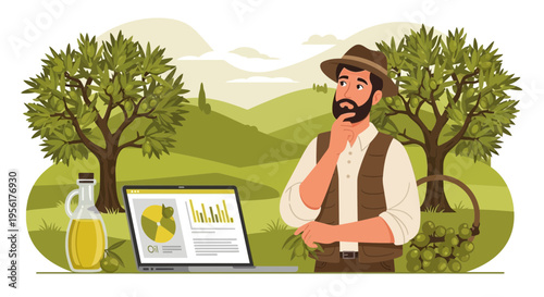 Farmer contemplating olive oil production data on laptop.