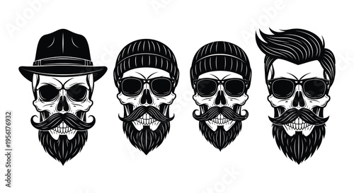 Three stylized skull illustrations featuring beards and sunglasses