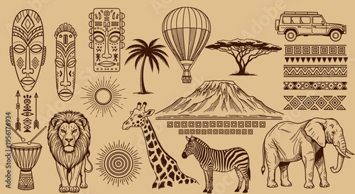 Vintage safari and travel illustrations with animals and patterns