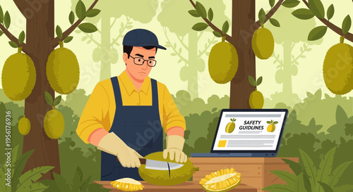 Farmer cutting ripe jackfruit in orchard with laptop.