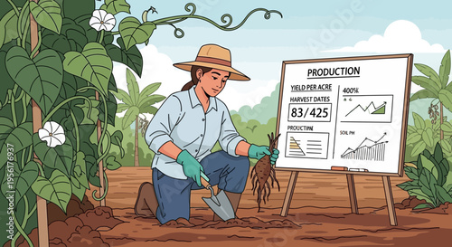 Farmer examining plant growth data on whiteboard.