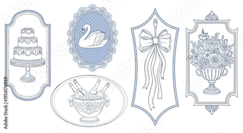 Vintage ornamental designs featuring various trophy and floral motifs