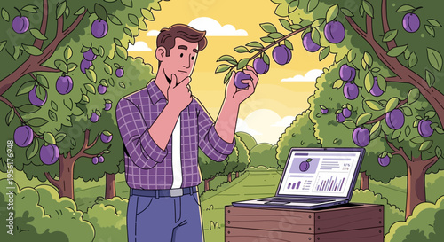 Farmer examining plum fruit with laptop in orchard.