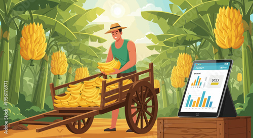 Farmer Harvesting Bananas with Technology Integration.