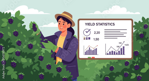 Farmer harvesting berries and checking yield statistics on a whiteboard.