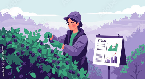 Farmer harvesting blueberries and analyzing yield data.