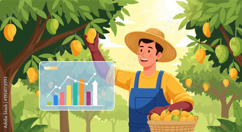 Farmer Harvesting Mangoes with Financial Growth Chart Overlay.