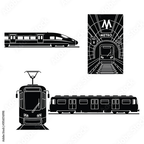 A black and white illustration of a metro train and its various views