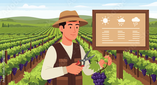 Farmer tending to grapevines with pruning shears.