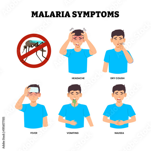 Malaria symptoms infographic medical poster design, labeled man headache, dry cough, fever, vomiting, nausea. No mosquito sign. Infection parasite bite dengue epidemic pest insect.