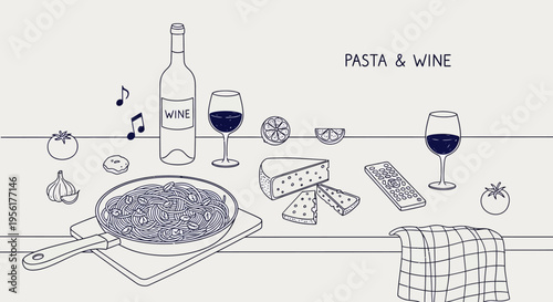 Pasta and wine still life illustration with cheese and music