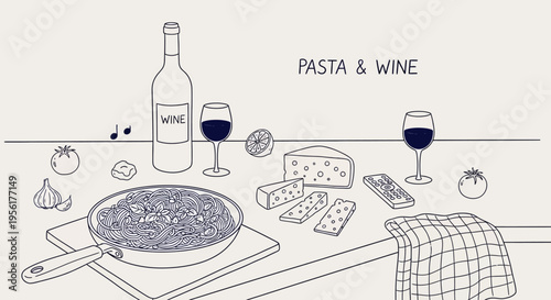 Pasta and wine still life illustration