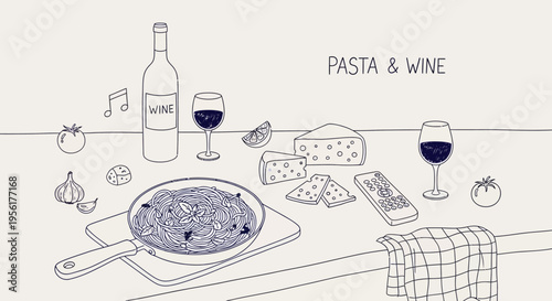 Pasta and wine illustration with kitchen utensils and ingredients