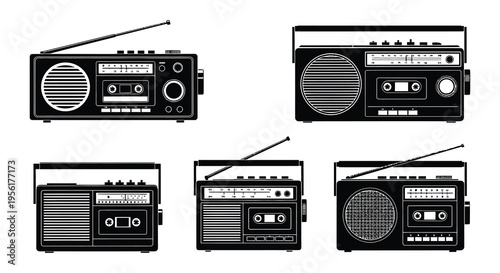 Collection of vintage transistor radios in black and white illustration