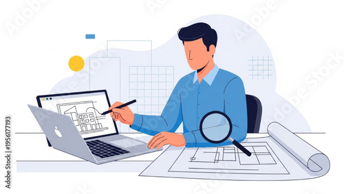 Man working on laptop with blueprint and magnifying glass nearby indoors