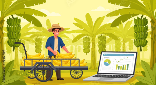 Farmer with Cart of Bananas and Laptop.
