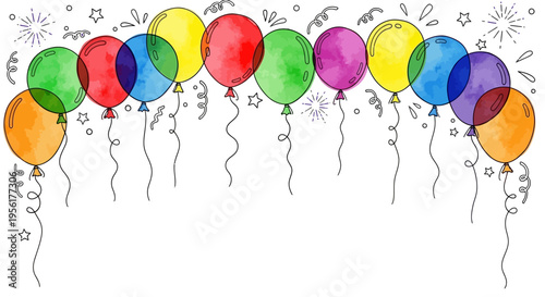 Colorful balloons with streamers on white background for party celebrations