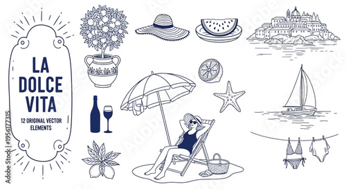 La dolce vita italian coastal lifestyle illustration