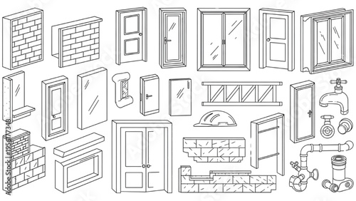 Various architectural elements and windows on a brick wall scene