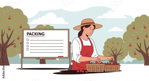 Woman farmer packing fresh fruit harvest in orchard.
