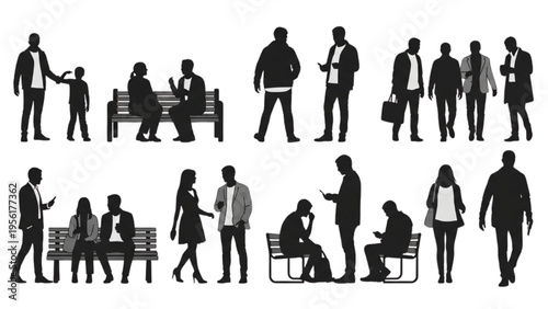 Business people interact in various poses and settings outdoors