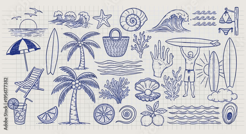 Beach vacation illustrations and icons set