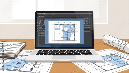 A laptop displays architectural plans on a desk with scattered blueprints and a notebook.