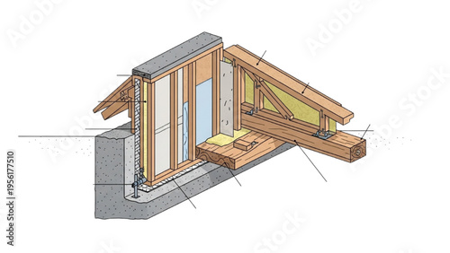 A detailed illustration of a house's roof construction shows wooden beams and insulation
