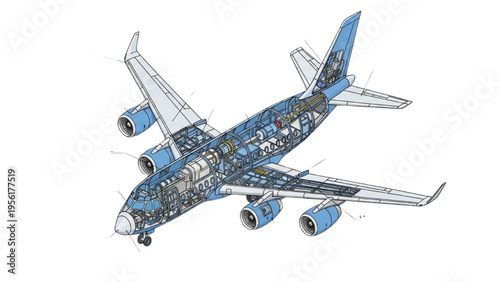 An airplane takes off with complex mechanical systems exposed