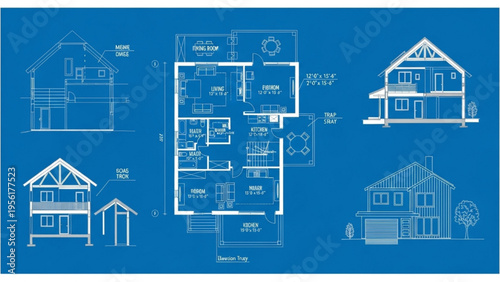 Architects create detailed blueprint drawings of various house designs and plans