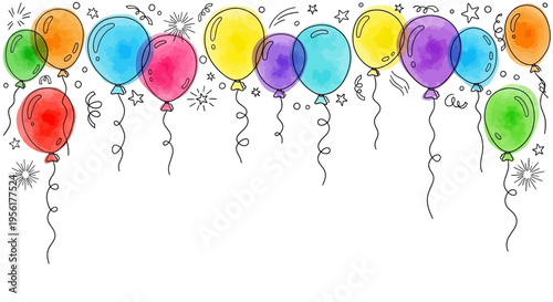 Colorful illustration of balloons in various hues and sizes floating on a white background