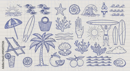 Beach and summer vacation themed illustrations and icons