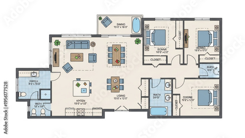 A detailed illustration of a large house floor plan with rooms and furniture