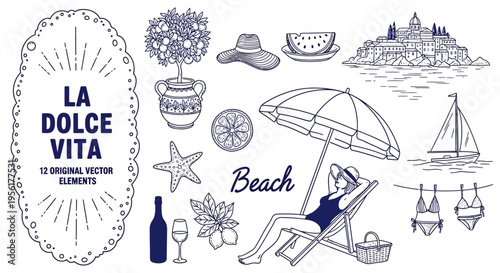 La dolce vita beach illustration with summer elements