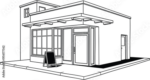 Modern minimalist store building vector illustration with perspective view flat roof and blank sandwich board street sign.