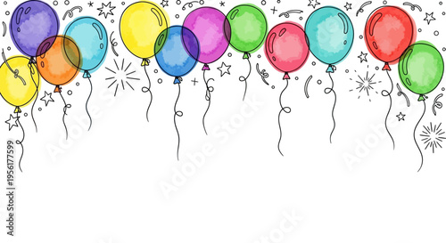 Colorful balloons with streamers on a white background for celebration